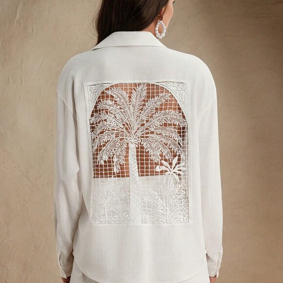 White Casual Women's Elegant French Style Embroidered Pattern Vacation Shirt - Picture 5 of 8